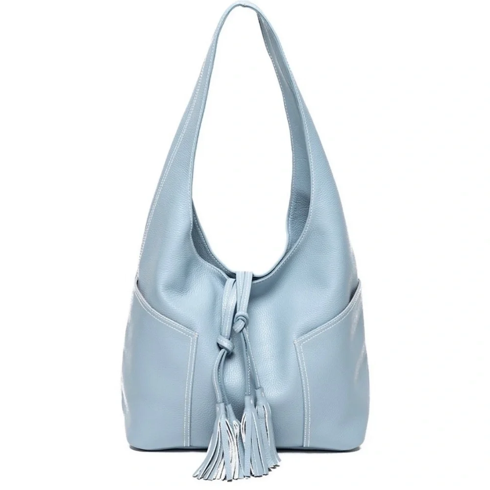 LAGGO Havana Hobo Shoulder Bag Blue Pebbled Leather Fringe Nice Large Size